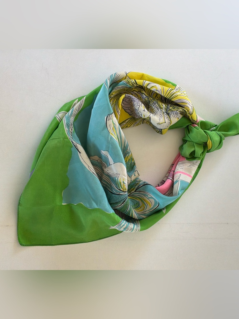 Coraline Duffy Silk Patterned Neck Scarf in Green, Blue & Yellow